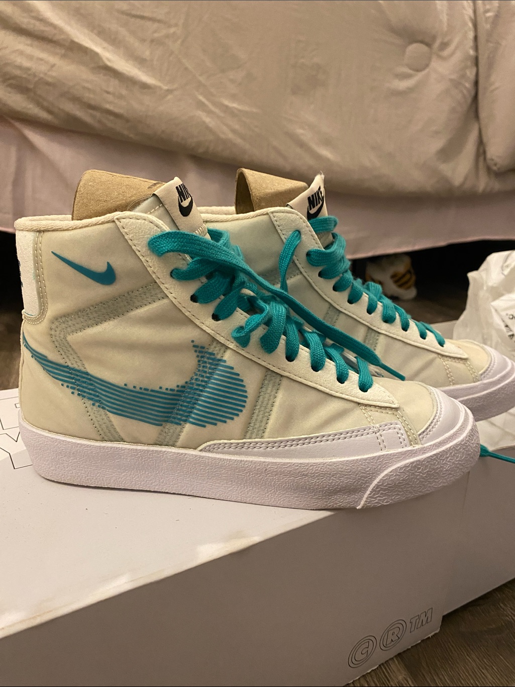 Nike Blazer Mid-Top Sneakers In Cream With Teal Laces